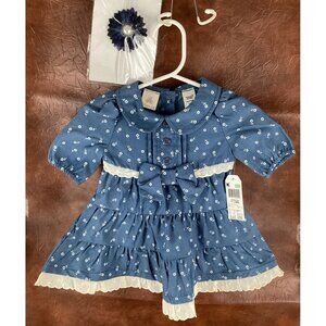 Baby Route 66 Spring Dress 3-6mo Blue with Flowers Ruffle Matching Headband NTW